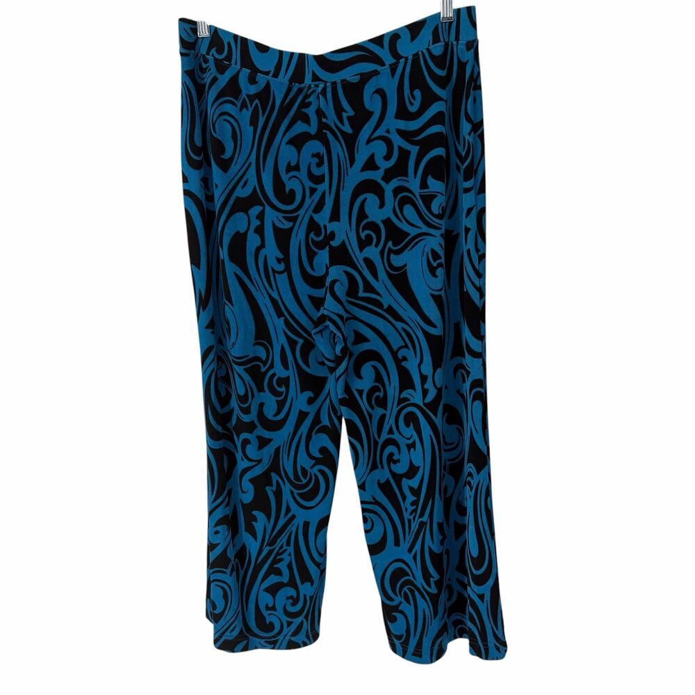 Chico's Traveler's Blue Black Print Pull-On Wide Leg Pants Sz 2 (12/14)